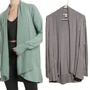 ATHLETA- Pranayama Wrap Cardigan Heather Blue Thumbholes Long Sleeved Small TALL